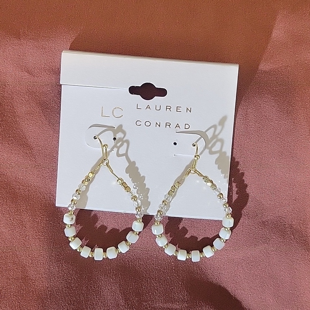 Lauren Conrad Gold Tone White Beaded Teardrop Earrings